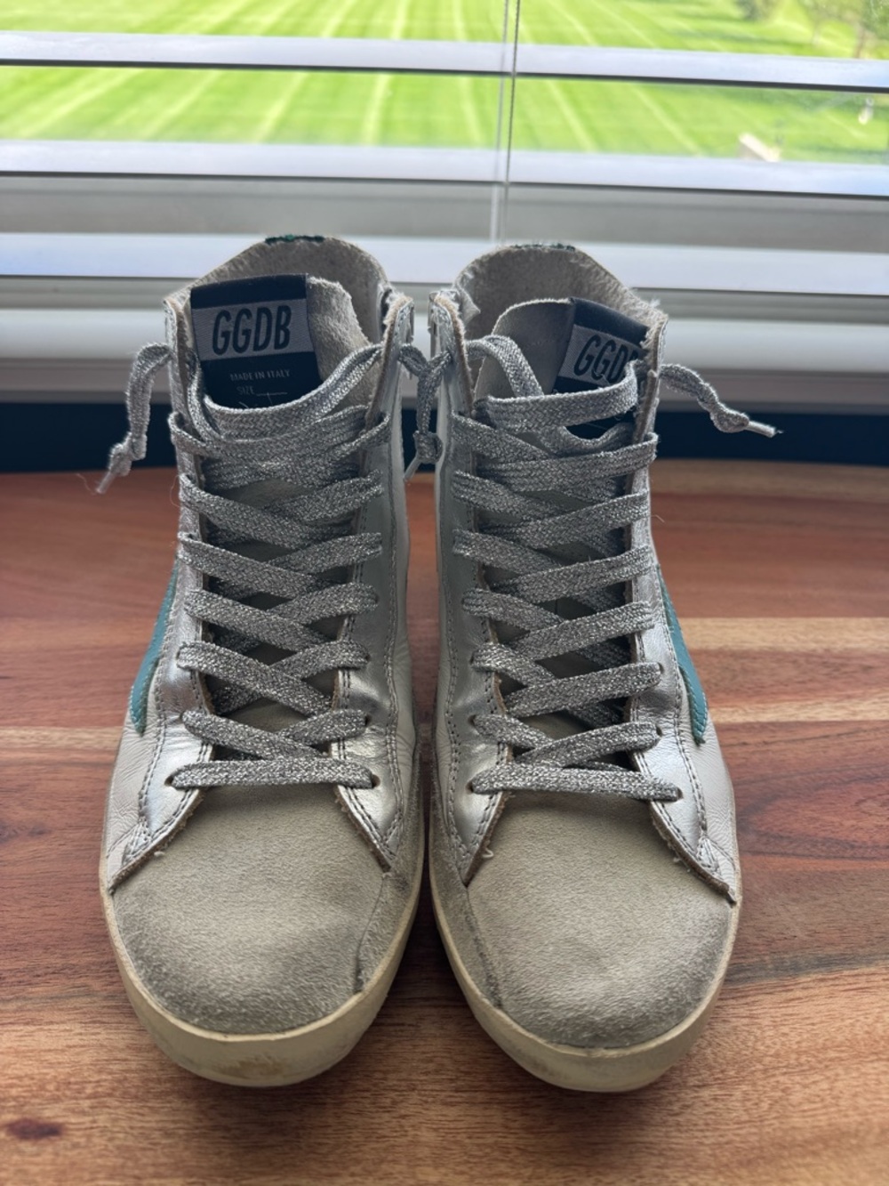 Golden Goose Francy Off-White High-Top Sneakers with Teal & Green Embellishment - Picture 2 of 6